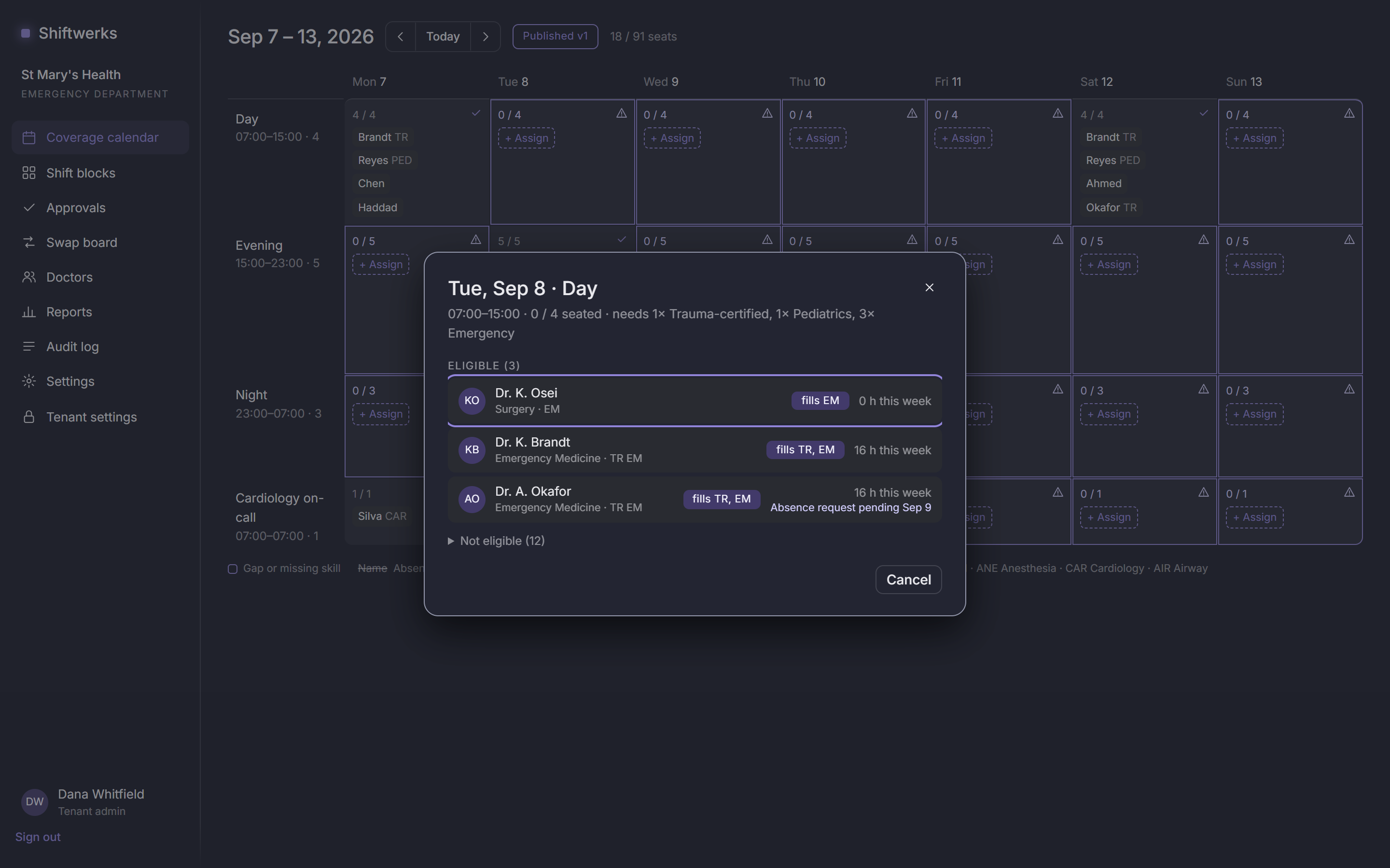 Filling a seat: the eligibility engine lists only the clinicians who qualify, showing what each one fills and their hours already scheduled that week
